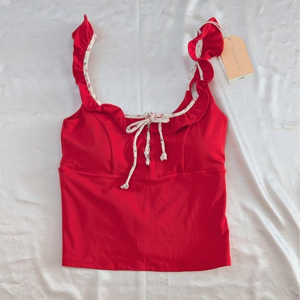 New Blogilates Ruffle Lace Up Tank Top Red Floral Trim Size Large